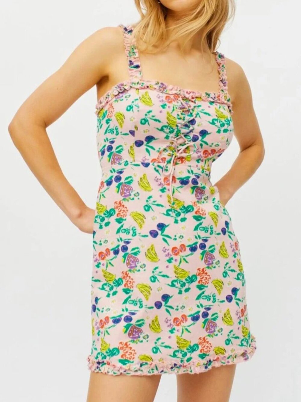 Urban Outfitters Fruit Print Lace-Up Mini Dress Size S EXCELLENT COND.